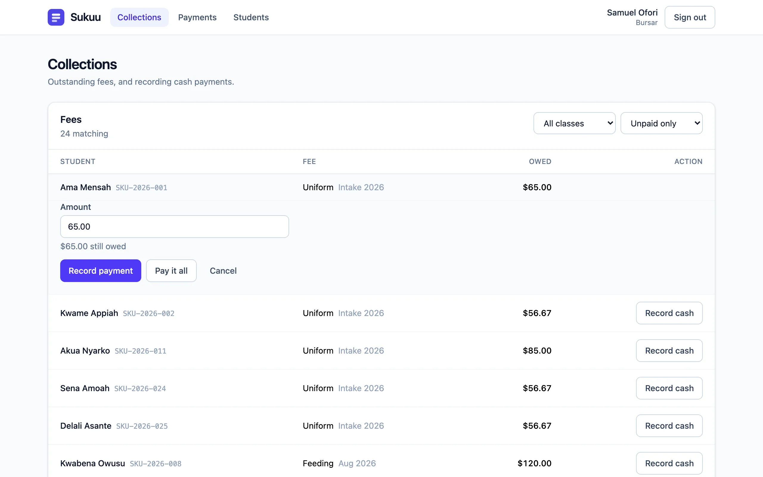 The bursar's collections list, filtered to unpaid fees, showing twenty-four matching rows of student name, admission number, fee, and amount owed. The first row is expanded into a form for recording a cash payment, with Record payment and Pay it all buttons.